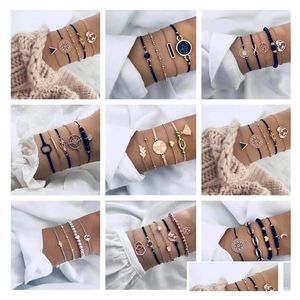 Beaded Strand Boho Bracelet Sets For Women Heart Shell Star Moon Bow Arrow Map Crystal Beads Charm Bracelets Set Bohemian Fashion Je Dhwy0