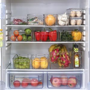 Garrafas de armazenamento Organizador de geladeira limpa Bin Bin Pet empilhável caixa de geladeira com alça Recipientes de alimentos O organizador de cozinha dispensador de bandeja