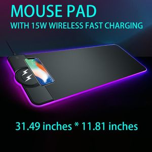 Almofadas 15W Carregamento sem fio RGB Luminoso Mouse Pad Carregador para Qi Phone XXL Gaming Mousepad Desktop PC Laptop Placa Mat Mesas