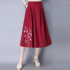 Saias Primavera Summer Summer Mulheres Vintage Casual Marinha vermelha Bordado Uma saia de linho de linha feminino Roupas Elastic de cintura alta