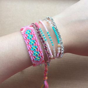 Tennis Bracelets 4pcs Bracelet Set Handmade Pink String Weave Friendship Crystal Bohemian Rise Beads Multi Layers Jewelry