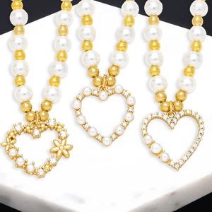 Pendant Necklaces FLOLA Chunky White Pearl Beaded Chain Copper Zircon Heart For Women Gold Plated Crystal Jewelry Gift Nkeb621