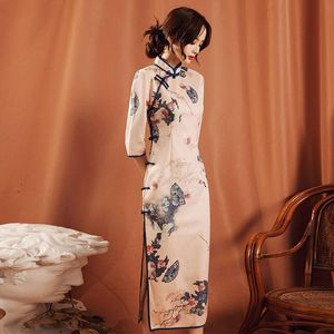 Klänning 2021 Elegant förbättrad Cheongsam Lady Half Sleeve Retro Split Fork Vintage Slim Dress Summer Women Chinese Style Qipao