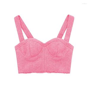 Women's Tanks YENKYE 2023 Women Pink Sweetheart Neck Tweed Bustier Tops Sexy Backless Wide Straps Female Camis Mujer Crop Top