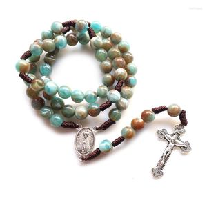 Anhänger Halsketten QIGO Katholischer Schmuck Blauer Acrylstrang Geflecht Rosenkranz Halskette Kreuz Religiöse Geschenke