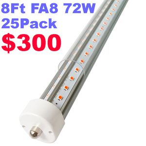 8ft LED-butikslampor, 8 fot LED-rör T8 T10 T12 Fluorescerande ersättning, 72W 9000lm, 6500K, Single Pin FA8 V-formad bulblight, ballast bypass, dubbel-sluten kraft usalight