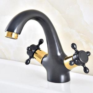 Bathroom Sink Faucets Black Golden Brass Double Handle Faucet Vanity Cold Mixer Water Tap Dnf476