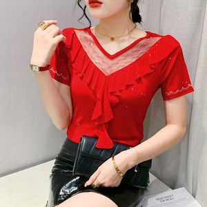 女性用Tシャツ＃6265ブラックレッドグリーンメッシュシャツ女性ホロウアウトフリルタイトストレッチTシャツショートスリーブセクシーなストリートウェアティーシンVネック