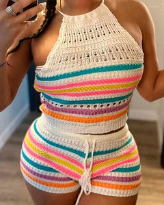 Tute da donna Completi da due pezzi Completi da donna Summer Beach Sexy Vacation Daily Striped Hollow Out Top senza maniche Pantaloncini con coulisse