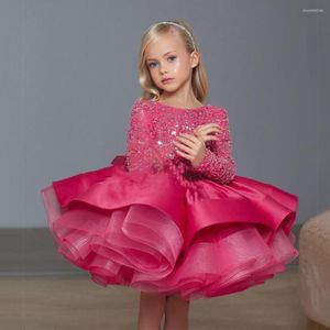 Girl Dresses Red Puffy Girls Glitter Sequined Top Long Sleeve Flower Dress Christmas Birthday Party Gown