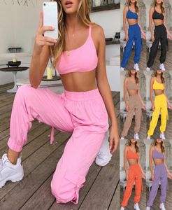 Summer Candy Pink Pants Duas Peças Mulheres Combinando Top Crop Crop e Joggers Sets Feminino Outfit6889992