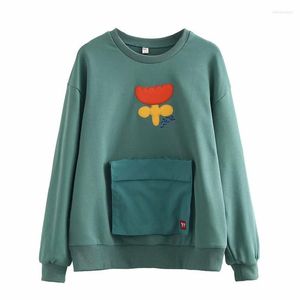 Kadın Hoodies Yeşil Çiçek Nakışları Kadın Sweatshirts 2023 Sonbahar Uzun Kollu O boyun pamuklu cep patchwork tatlı stil kazak