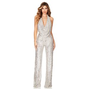 Eleganta kvinnor smala byxor Temperament V Neck Sequined Jumpsuits One Piece Trousers Sequined Solid Femme Party Clothing