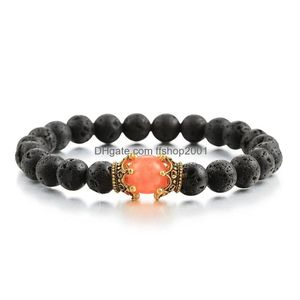 Beaded Strand 8mm Fashion Charm Armband Luxury Crown Pärlor Elasticitet Bangles For Men Natural Black Lava Stone Women smycken Drop D Dhkmk