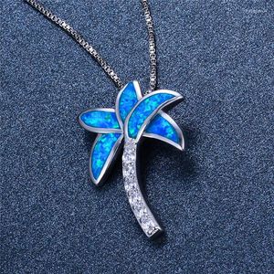 Pendant Necklaces Luxury Blue Opal Stone Wedding Necklace Boho Female Coconut Tree Vintage Silver Color Chain For Women