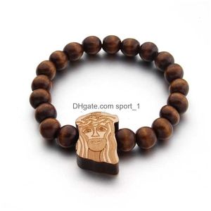 Beaded Strand 10Mm Cool Elastic Round Wood Bead Engraved Diy Ethnic Chain African Map Bird Panda Jesus Bracelet Jewelry Hiphop Gift Dhszf