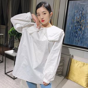 Women's Blouses European Spring College Style Navy Doll Collar Stitching Hollow Solid Color White Mid-length Shirts Women Fashion