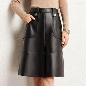 Saias outono da saia de couro elegante de alta qualidade para mulheres bolsos para mulheres A934