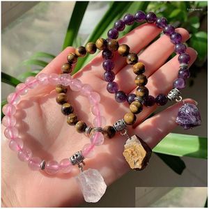 Beaded Strand Reiki Healing Rock Mineral Stone Charm Natural Amethysts Tiger Eye Purple Pink Quartz Crystal Bracelets For Women Drop Dhhmp