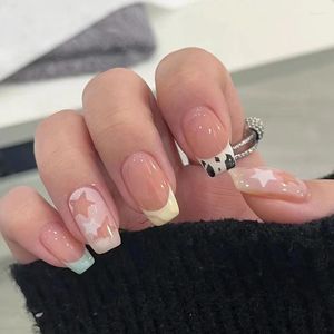 Yanlış Tırnaklar 24 PCS Sevimli Yıldız Baskılı Tasarımlarla Fransız Tırnak Tipleri Kısa Kare Sahte Ongles Giyilebilir Sahte