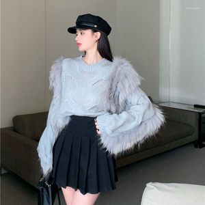 Women's Sweaters Fashion Fluffy Sweater Women Chic Fur Stitching Round Neck Long Sleeved Wool Autumn Tops Twist Knitted Loose Casual Jumpers