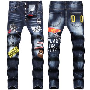 Moda baskı kot pantolon ince fit yıkanmış motosycle denim pantolon panelli hip hop pantolon