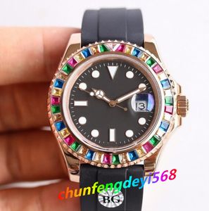 Orologio da uomo Movimento meccanico automatico 2813 Orologi cinturino in caucciù 40mm Orologi casual impermeabili con zaffiro con lunetta con diamanti arcobaleno colorato