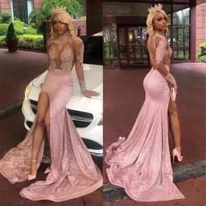 Long Sleeves High Neck Lace Mermaid Prom Dresses 2023 Pink Black Girls Lace Applique Split Backless Sweep Train Evening Gowns