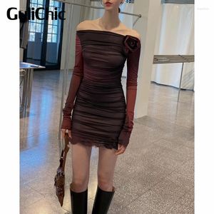 Casual Dresses 5.4 Gulichic Fashion Sexy 3D Rose Flower Tie-Dye Print Slash Neck Long Sleeve Slim Mini Dress Women