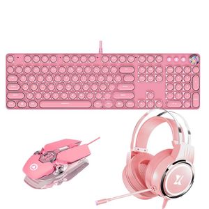 Combos Free Sticker Pink Girls Gaming Set Keyboard Mouse Headset Combos 104 Keycaps Mechanical Keyboard 3200 DPI Optical Mouse Earphone