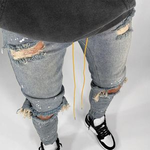 Jeans da uomo con foro strappato per uomo Pantaloni cargo hip-hop Pantaloni autunnali skinny a figura intera in denim blu chiaro consumato -40