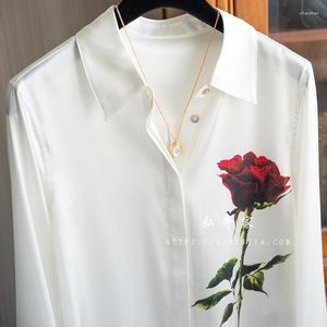 Camicette da donna Moda 2023 Summer Rose Print Top per donna Seta di alta qualità Lavoro d'ufficio Lady Casual Camicie di colore puro Designer