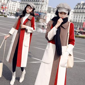女性のウールブレンドファッションロングウールコート女性秋の冬プラスサイズのオーバーコート女性韓国のゆるいステッチ色コートジャケット