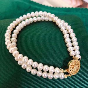 Bangle Handmade Natural 2 Rows 7-7.5mm White Freshwater Pearl Golden Sunflower Accessories Clasp Bracelet Long 20cm