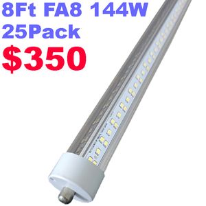 8フィートLEDチューブライト、144W 18000LM 6500K、T8 FA8シングルピンLED電球（300W LED蛍光電球の交換）、V形状の両側、クリアカバーデュアルエンドパワークレスチック