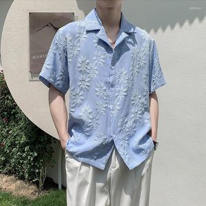 Camicie casual da uomo a maniche corte Jacquard fiore Camicia da uomo Moda coreana con scollo a V Allentato maschile floreale Streetwear Estate Ropa Hombre