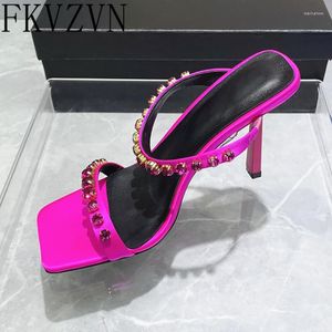 Slippers Rhinestones Chains Silk Women One Belt Peep Toe Party Shoes Sexy High Heels Sandals Crystals Leather White Woman