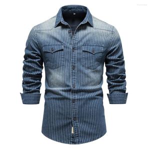 Camicie casual da uomo Denim Uomo Cotone a righe elasticizzato a maniche lunghe Camicia di jeans cargo nera Camicette di qualità Cowboy sottile per