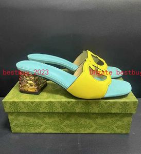2024 Women Sandals Shoes Cut-out Golden Mid Heel Beach Slide Suede Leather Slip Slippers Ladies Casual Walking Eu35-42