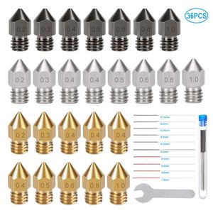 Scaning 36pcs MK8 Düse Premium verhärtetem Stahl Messing Edelstahl für Schweizer MK8 1,75 mm Drucker -Hexagon -Düse für Ender3 CR10 KP3s