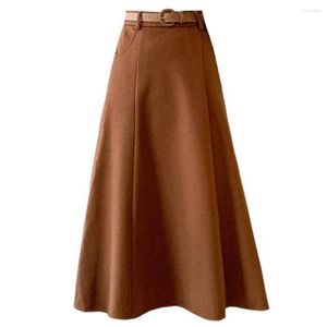 Saias de inverno mulheres saia de lã longa moda de cintura alta lã marrom feminino casual grosso quente maxi