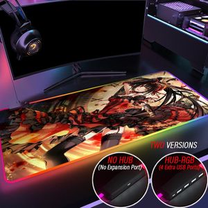 Spoczywa data żywy LED Light Mousepad Kurumi Tohka RGB Niestandardowy DIY Kolorowa podkładka myszy na biurku powierzchniowym z hubem 4 portu USB Wodoodporna mata