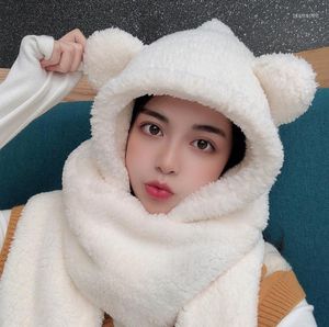 Hats Scarves Gloves Sets White Thick Cartoon Bear Plush Bomber Fur Hat Scarf 3in1 Set Wraps Furry Cap Head Warmer Outdoor Earflap Girl Women