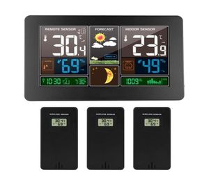 Zegar ścienny LCD Digitalowa stacja pogodowa 3 czujnik bezprzewodowy wewnętrzny termometr zewnętrzny higrometr barometr prognoza nowoczesna zegarek Y202000117