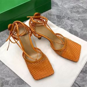 Designer Sandals Women Stiletto Heel SPARKLE STRETCH slippers Ladies Fringed Mesh Leather Shoes Square Mouth Strap Pumps