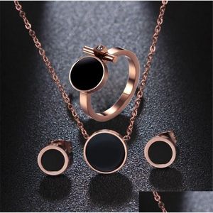 Earrings Necklace 316L Titanium Steel Jewelry Set Rose Gold Black Enamel Ring Drop Delivery Sets Dhmd3