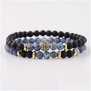 Beaded Strand Amader 6Mm Black Matte Weathered Stone Lovers Bracelet Men Couples Distance Cz Ball Women Elastic Homme Abd063 Drop De Dhqe2