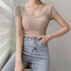 Women's Blouses Summer Knitted Cotton Women U-Neck Crop Tops Slim Solid Basic Breathable Lightweight Short Sleeve Shirts