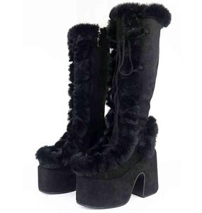 Сапоги размер 43 бренд Goth Platform Chunky High Heels Fur Short Plush Cosplay Winter Styly Punk Snowboots обувь женщина 2208058230791