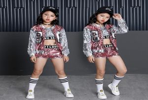 Tammy Ada Kids Girl Sequin Dancing Pink Silver Jacket Coat Crop Top Shorts 3pcs Sets Hiphop Jazz Dance Ropa Niños Sets Y1817122469